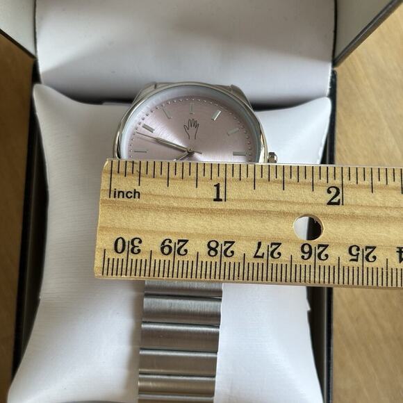 Rae Dunn Classic Women's SOFIA 36mm Round Pink Face Silver Gilded Bracelet Watch - Picture 7 of 10